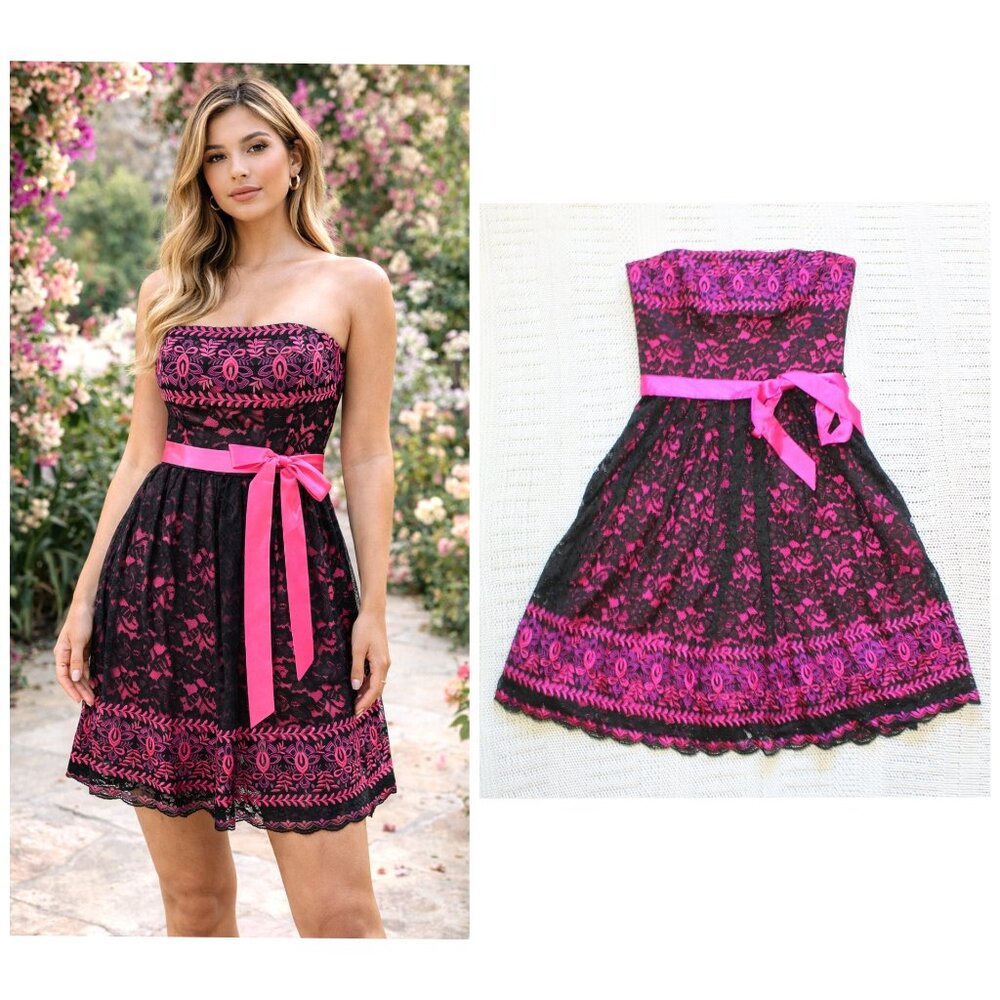 Betsey Johnson embroidered Mini dress Size 8 Pink & Black Lace Strapless Floral